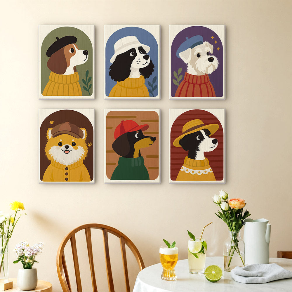 Dogs in Sweaters mini paintings displayed as a gallery wall in a sunny kitchen