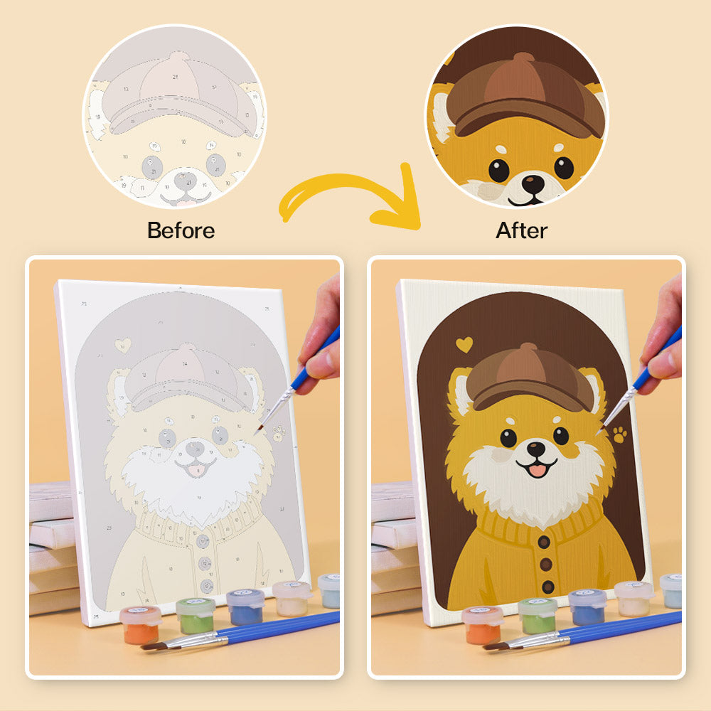 Before and after of a Dogs in Sweaters mini paint by numbers canvas