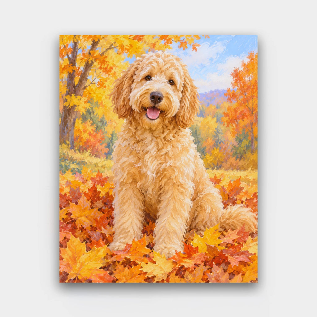 Doodle in the Leaves paint by numbers kit of a curly golden doodle sitting in a pile of orange autumn leaves