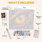 What's included in the Dragon's Ember Soul paint by numbers kit: numbered linen canvas, reference sheet, color guide, 24 acrylic paints, 3 brushes and thank you card