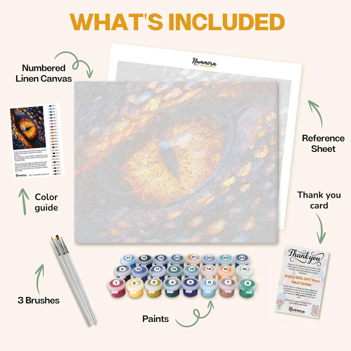 What's included in the Dragon's Ember Soul paint by numbers kit: numbered linen canvas, reference sheet, color guide, 24 acrylic paints, 3 brushes and thank you card