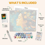 What's included in the Dream Alchemy paint by numbers kit: numbered linen canvas, reference sheet, color guide, 24 acrylic paints, 3 brushes and thank you card