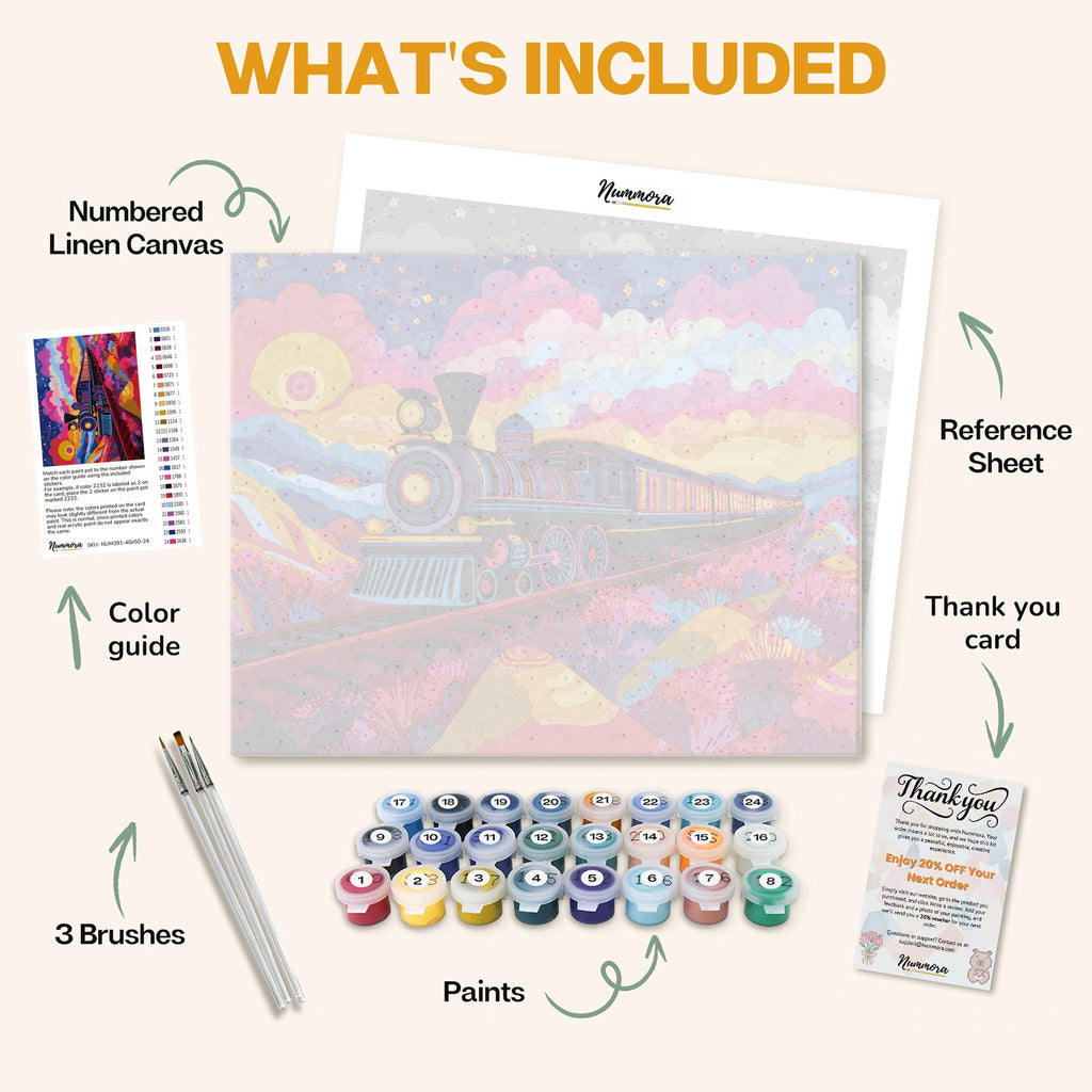 What's included in the Dream Express paint by numbers kit: numbered linen canvas, reference sheet, color guide, 24 acrylic paints, 3 brushes and thank you card