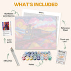 What's included in the Dream Express paint by numbers kit: numbered linen canvas, reference sheet, color guide, 24 acrylic paints, 3 brushes and thank you card