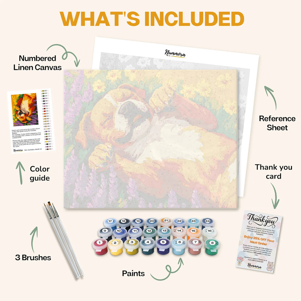What's included in the Dreaming in Lavender paint by numbers kit: numbered linen canvas, reference sheet, color guide, 24 acrylic paints, 3 brushes and thank you card