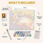 What's included in the Dreaming in Lavender paint by numbers kit: numbered linen canvas, reference sheet, color guide, 24 acrylic paints, 3 brushes and thank you card