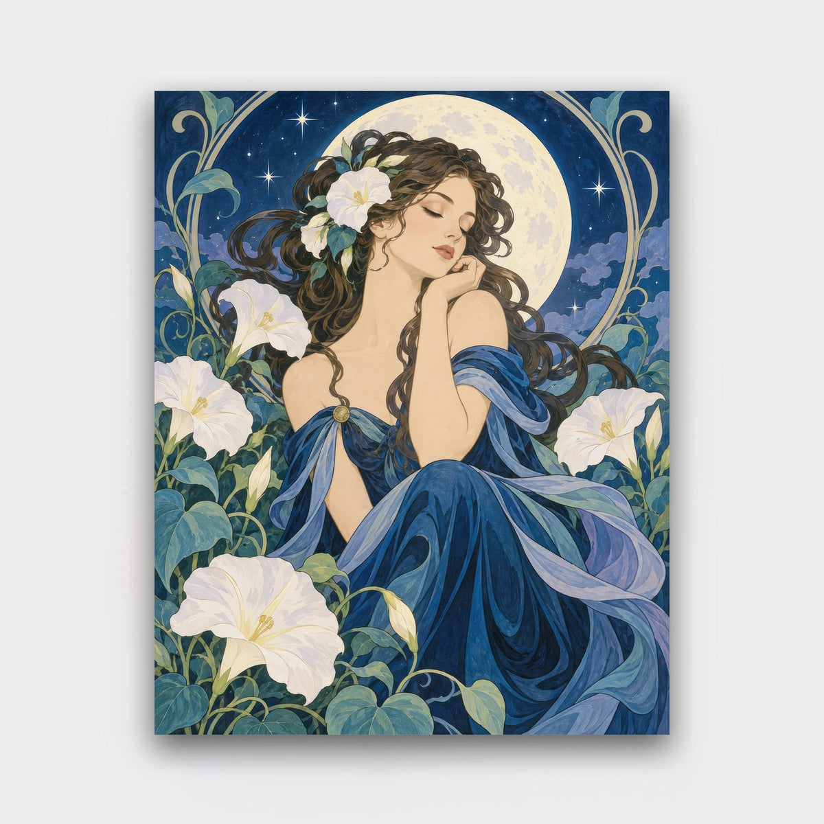 Dreaming Under the Moon paint by numbers kit of a dark-haired woman in a blue gown resting among white moonflowers under a full moon