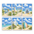 Dune Paths mini paint by numbers set: six designs of a bicycle, beach fence, striped cabana, sailboat, cottage and surfboards