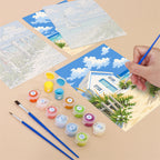 Filling in a Dune Paths mini canvas with numbered acrylic paints and a fine brush