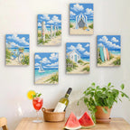 Six finished Dune Paths mini paintings hung on a wall above a table