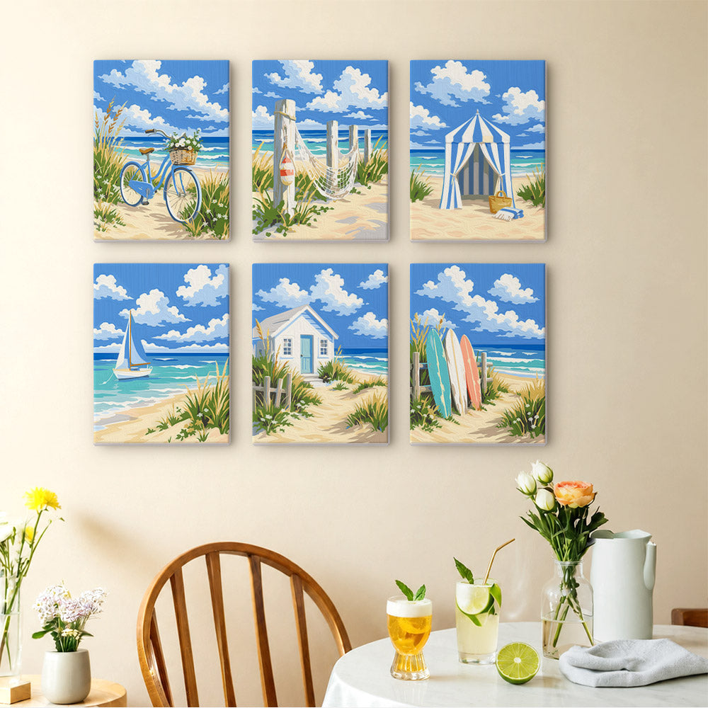 Dune Paths mini paintings displayed as a gallery wall in a sunny kitchen