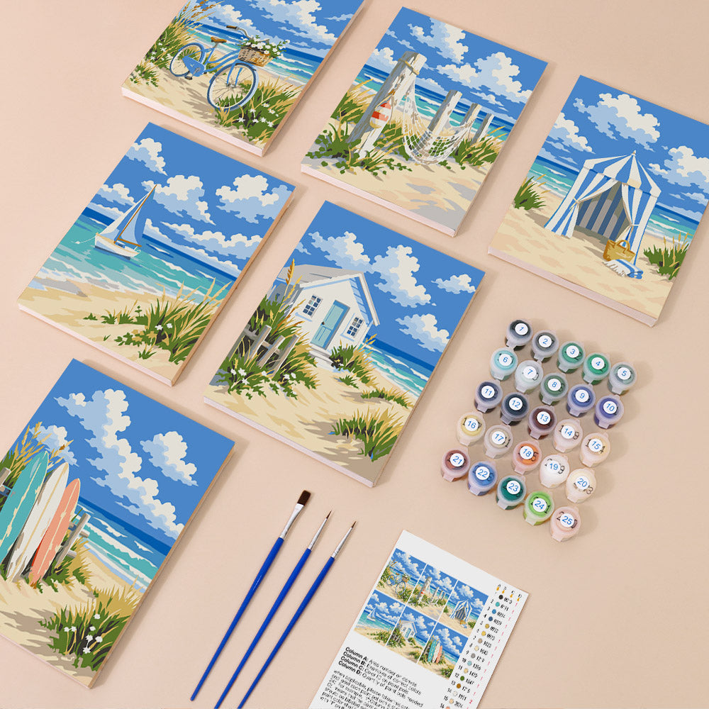 Dune Paths mini paint by numbers kit with six numbered canvases, acrylic paints, brushes and layout