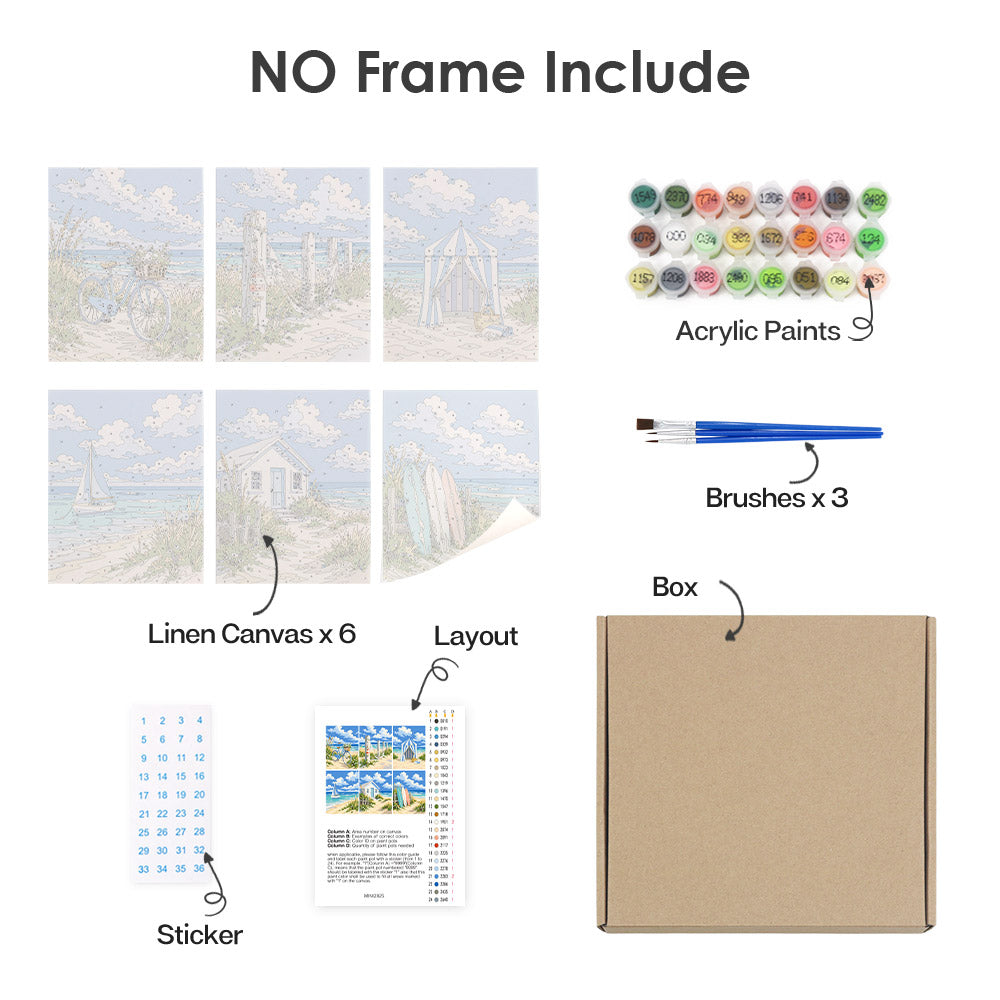 What's included without a frame: six rolled Dune Paths mini canvases, acrylic paints, three brushes and layout