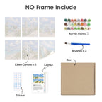 What's included without a frame: six rolled Dune Paths mini canvases, acrylic paints, three brushes and layout