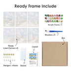 What's included pre-stretched on frame: six framed Dune Paths mini canvases, paints, three brushes, hangers and layout