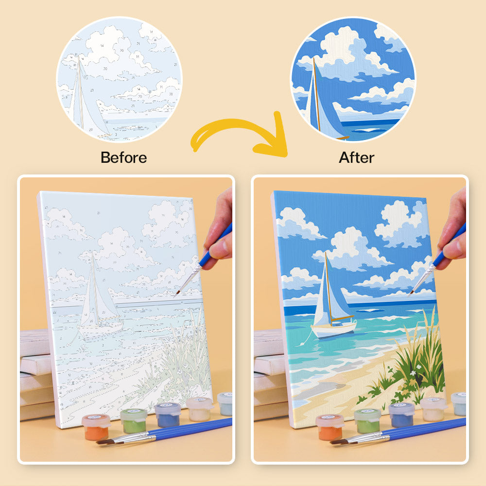 Before and after of a Dune Paths mini paint by numbers canvas
