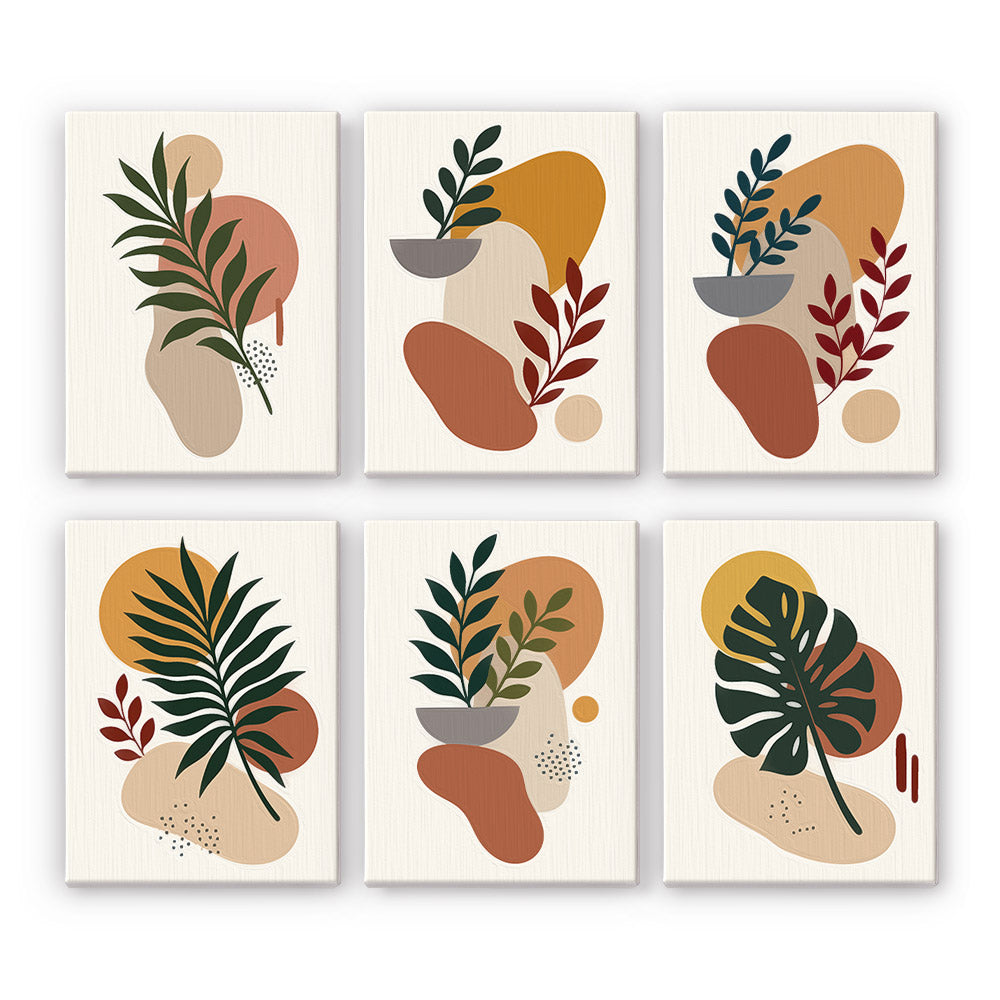Earthy Leaves mini paint by numbers set: six minimalist designs of leafy sprigs and palm fronds on terracotta and sand shapes