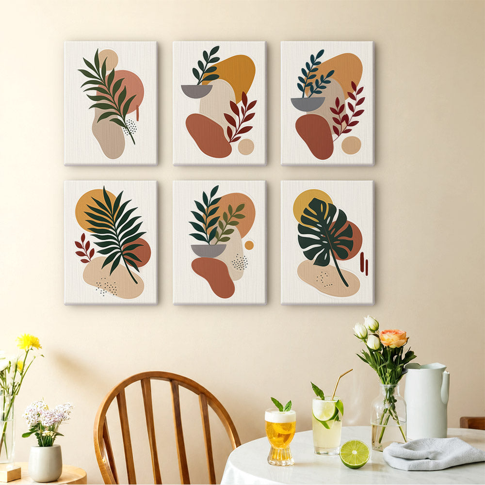 Earthy Leaves mini paintings displayed as a gallery wall in a sunny kitchen