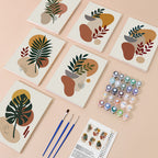 Earthy Leaves mini paint by numbers kit with six numbered canvases, acrylic paints, brushes and layout