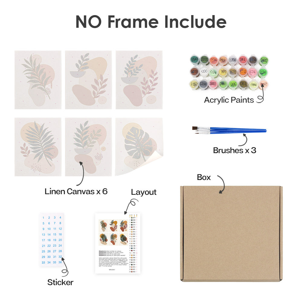 What's included without a frame: six rolled Earthy Leaves mini canvases, acrylic paints, three brushes and layout