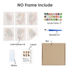 What's included without a frame: six rolled Earthy Leaves mini canvases, acrylic paints, three brushes and layout