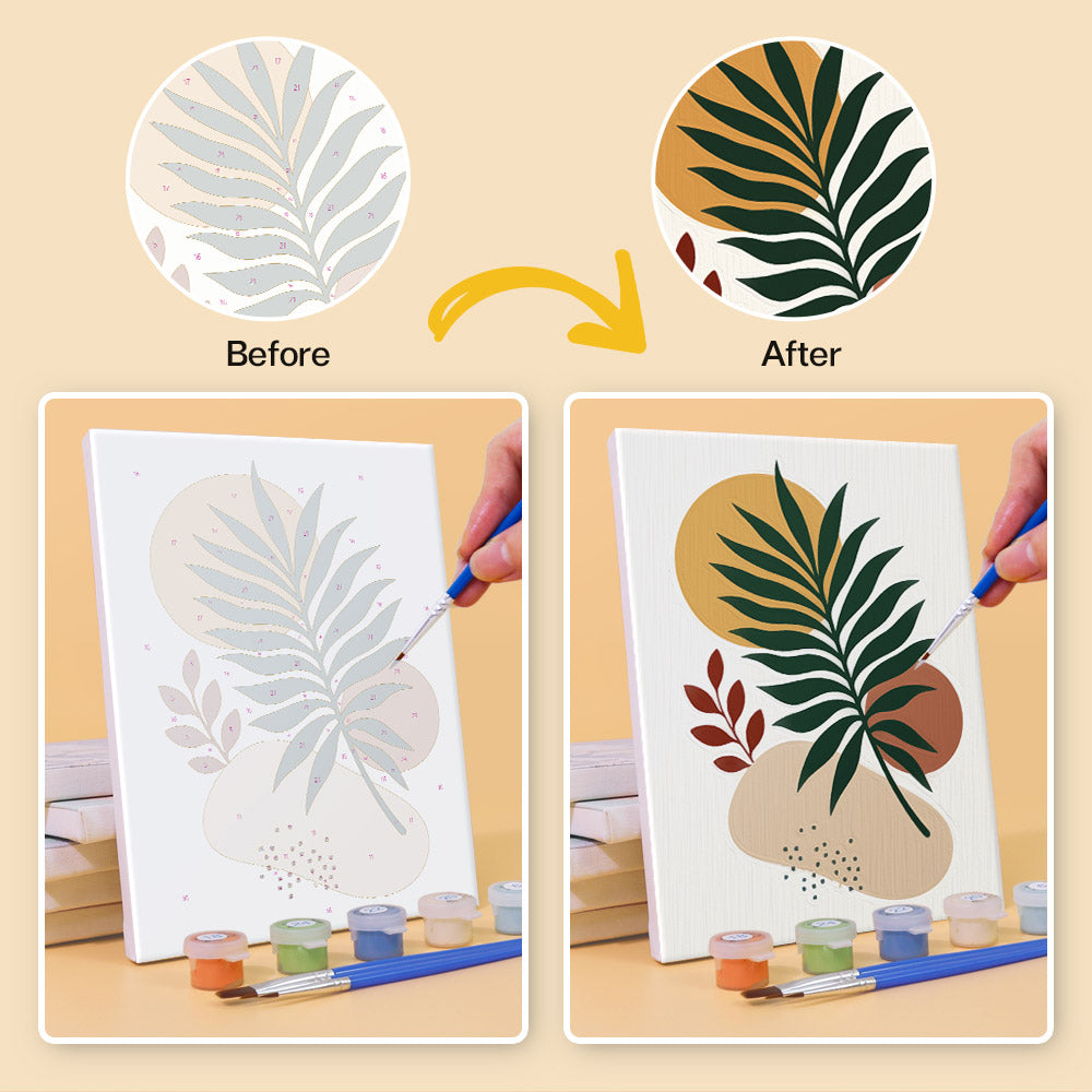 Before and after of an Earthy Leaves mini paint by numbers canvas