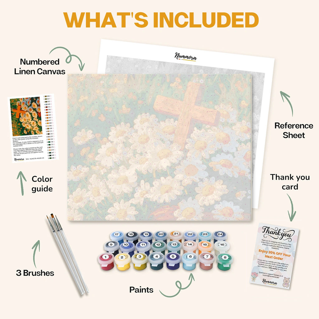 What's included in the Easter Blessings paint by numbers kit: numbered linen canvas, reference sheet, color guide, 24 acrylic paints, 3 brushes and thank you card