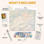 What's included in the Easter Blessings paint by numbers kit: numbered linen canvas, reference sheet, color guide, 24 acrylic paints, 3 brushes and thank you card