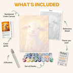 What's included in the Easter Lamb paint by numbers kit: numbered linen canvas, reference sheet, color guide, 24 acrylic paints, 3 brushes and thank you card
