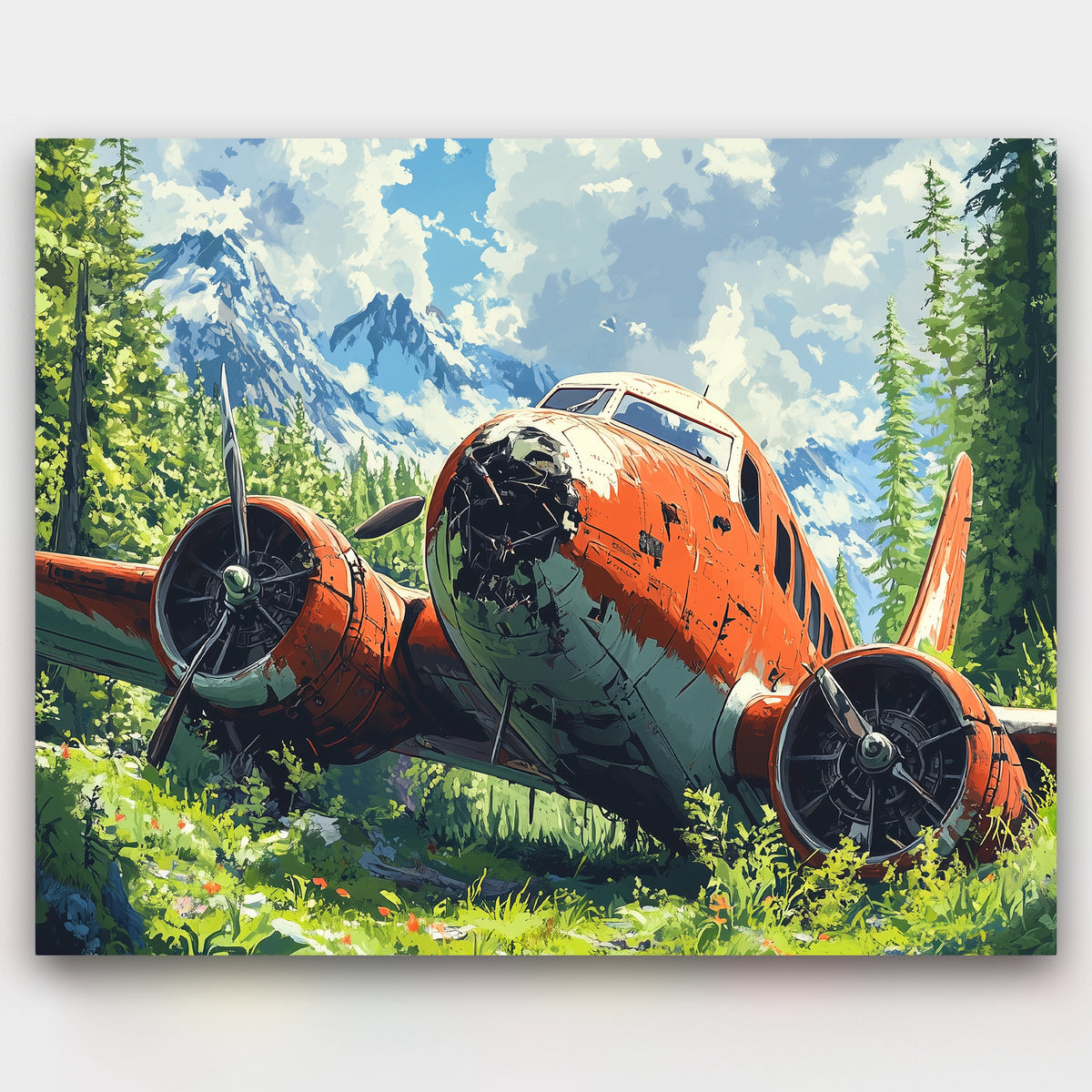 Vintage airplane in a forest with mountains in the background