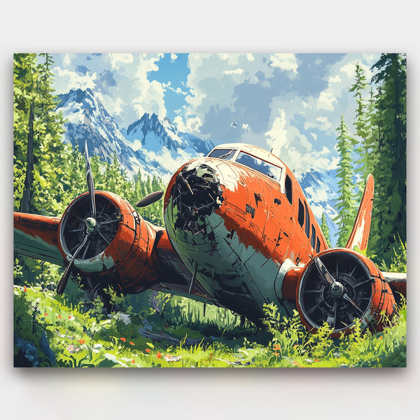 Vintage airplane in a forest with mountains in the background