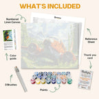 What's included in the Echoes of a Flight paint by numbers kit: numbered linen canvas, reference sheet, color guide, 24 acrylic paints, 3 brushes and thank you card