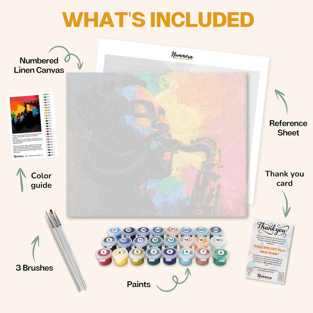 What's included in the Echoes of the Saxophone paint by numbers kit: numbered linen canvas, reference sheet, color guide, 24 acrylic paints, 3 brushes and thank you card