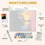 What's included in the Echoes of the Saxophone paint by numbers kit: numbered linen canvas, reference sheet, color guide, 24 acrylic paints, 3 brushes and thank you card