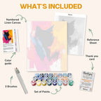 What's included in the Eclipse of a Feline paint by numbers kit: numbered linen canvas, reference sheet, color guide, 24 acrylic paints, 3 brushes and thank you card
