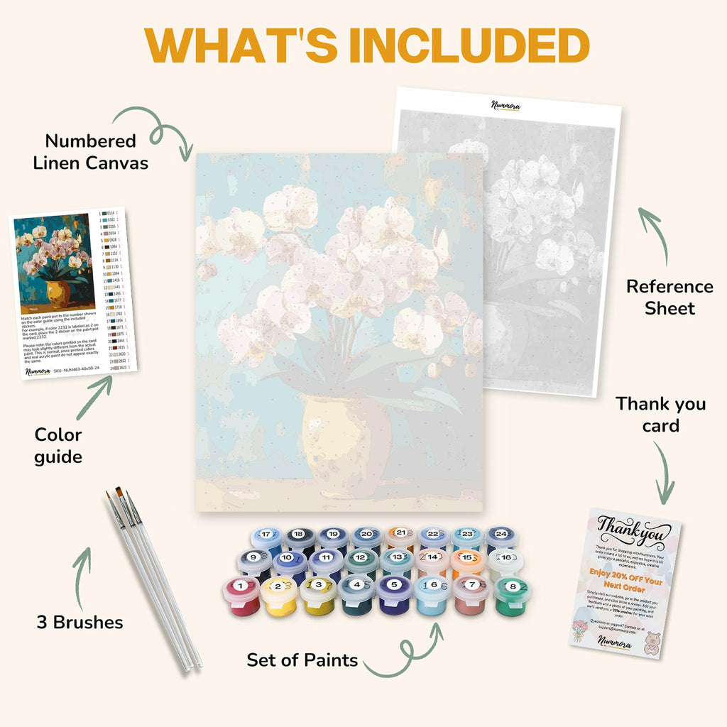 What's included in the Elegance of Orchids paint by numbers kit: numbered linen canvas, reference sheet, color guide, 24 acrylic paints, 3 brushes and thank you card