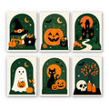 Emerald Arches mini paint by numbers set: six Halloween icons framed in green arches, including a witch hat and cauldron, pumpkin, haunted house, ghost, black cat and skull