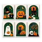 Emerald Arches mini paint by numbers set: six Halloween icons framed in green arches, including a witch hat and cauldron, pumpkin, haunted house, ghost, black cat and skull