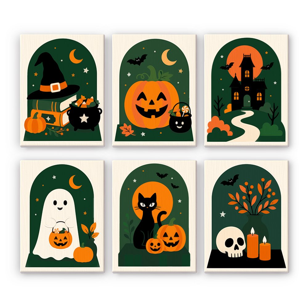 Emerald Arches mini paint by numbers set: six Halloween icons framed in green arches, including a witch hat and cauldron, pumpkin, haunted house, ghost, black cat and skull