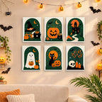 Six finished Emerald Arches mini paintings hung on a wall above a table