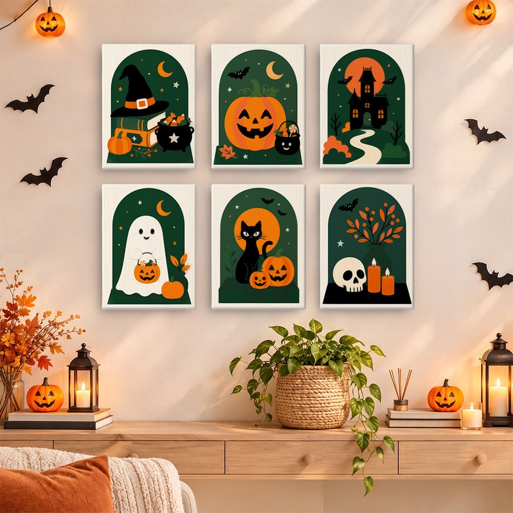 Emerald Arches mini paintings displayed as a gallery wall in a sunny kitchen