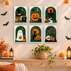 Emerald Arches mini paintings displayed as a gallery wall in a sunny kitchen