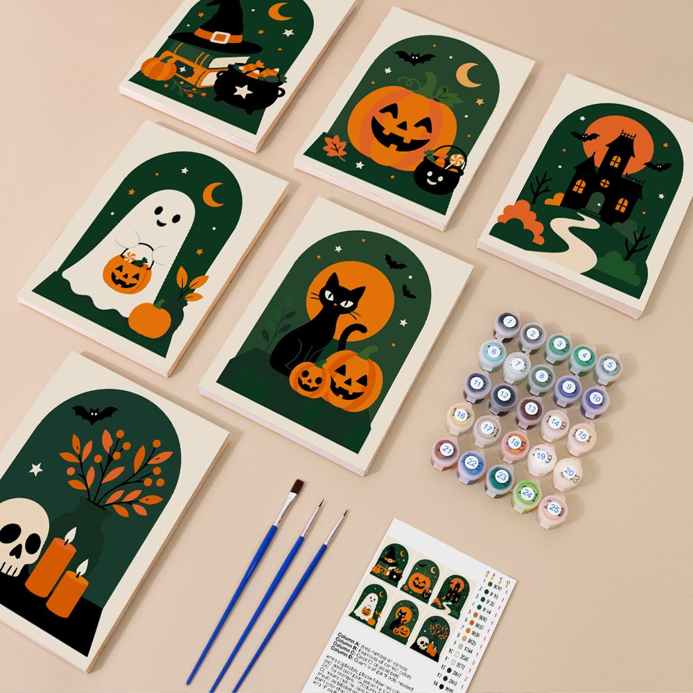 Emerald Arches mini paint by numbers kit with six numbered canvases, acrylic paints, brushes and layout