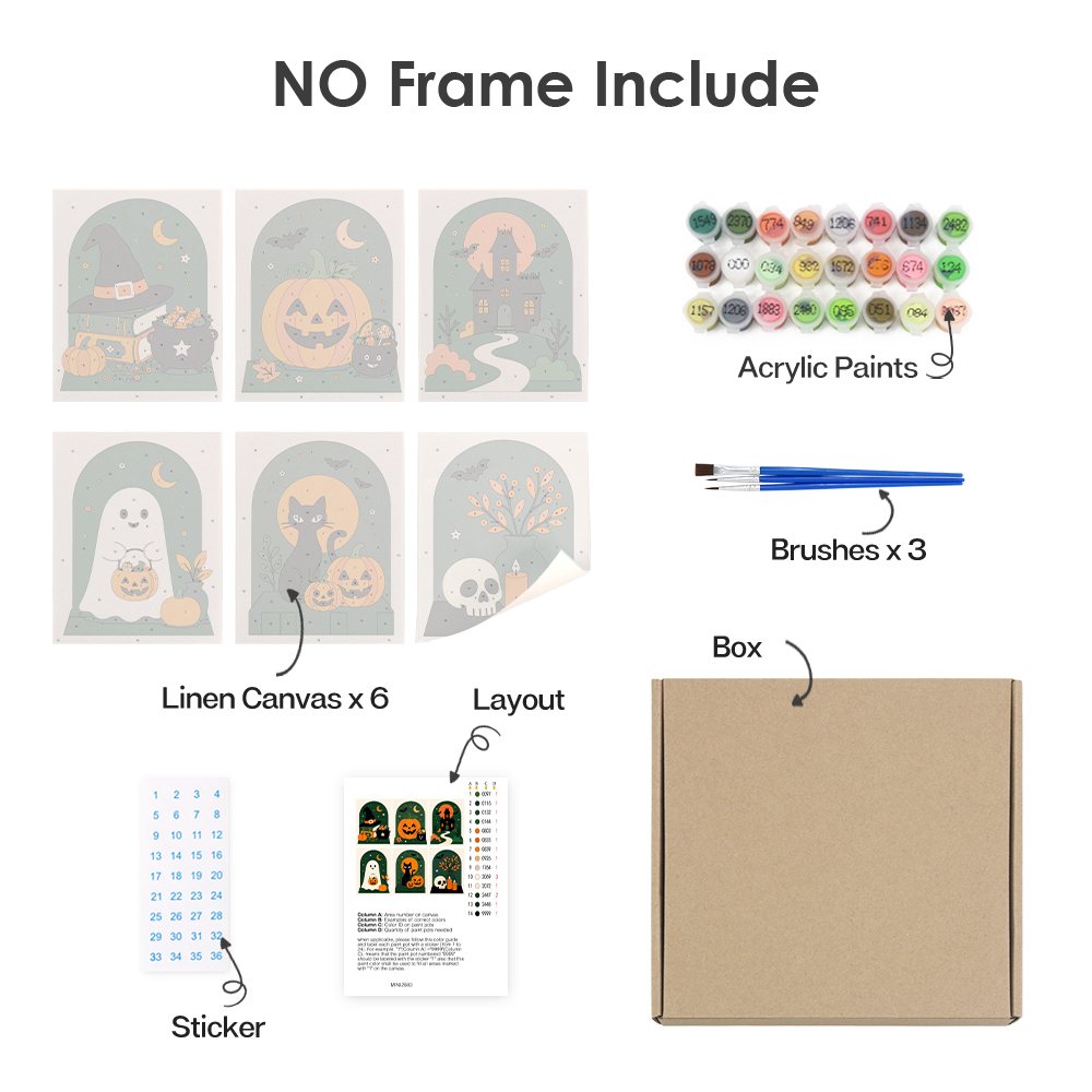 What's included without a frame: six rolled Emerald Arches mini canvases, acrylic paints, three brushes and layout