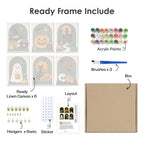 What's included pre-stretched on frame: six framed Emerald Arches mini canvases, paints, three brushes, hangers and layout