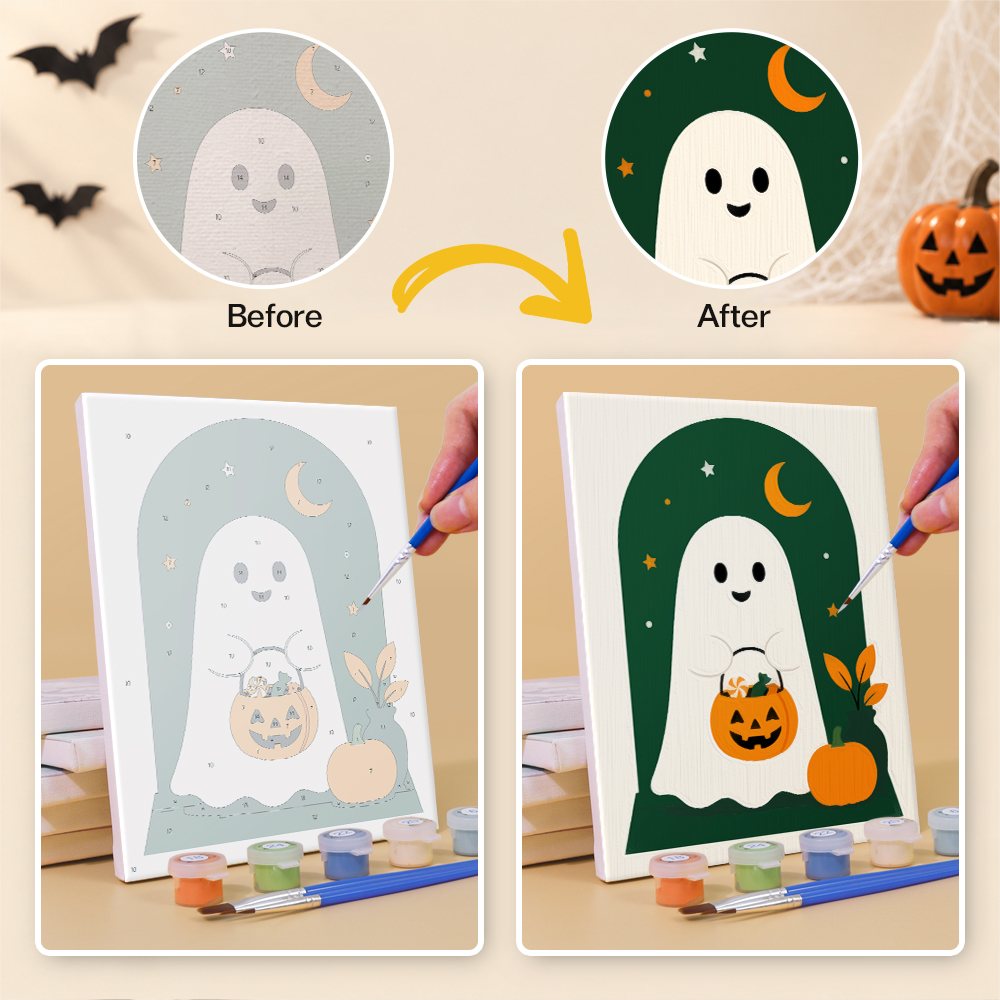 Before and after of an Emerald Arches mini paint by numbers canvas