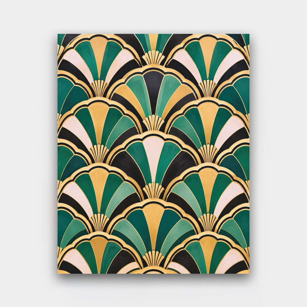 Emerald Fans paint by numbers kit of repeating Art Deco fan shapes in emerald, gold, blush and black