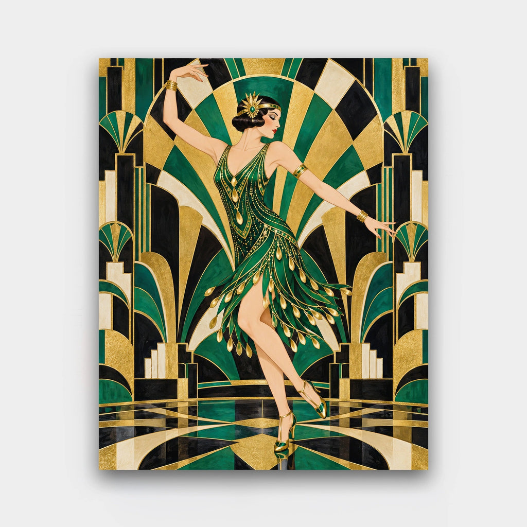 Emerald Jazz Dancer paint by numbers kit of a 1920s dancer in a beaded green dress against a black, gold and emerald fan background