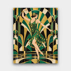 Emerald Jazz Dancer paint by numbers kit of a 1920s dancer in a beaded green dress against a black, gold and emerald fan background