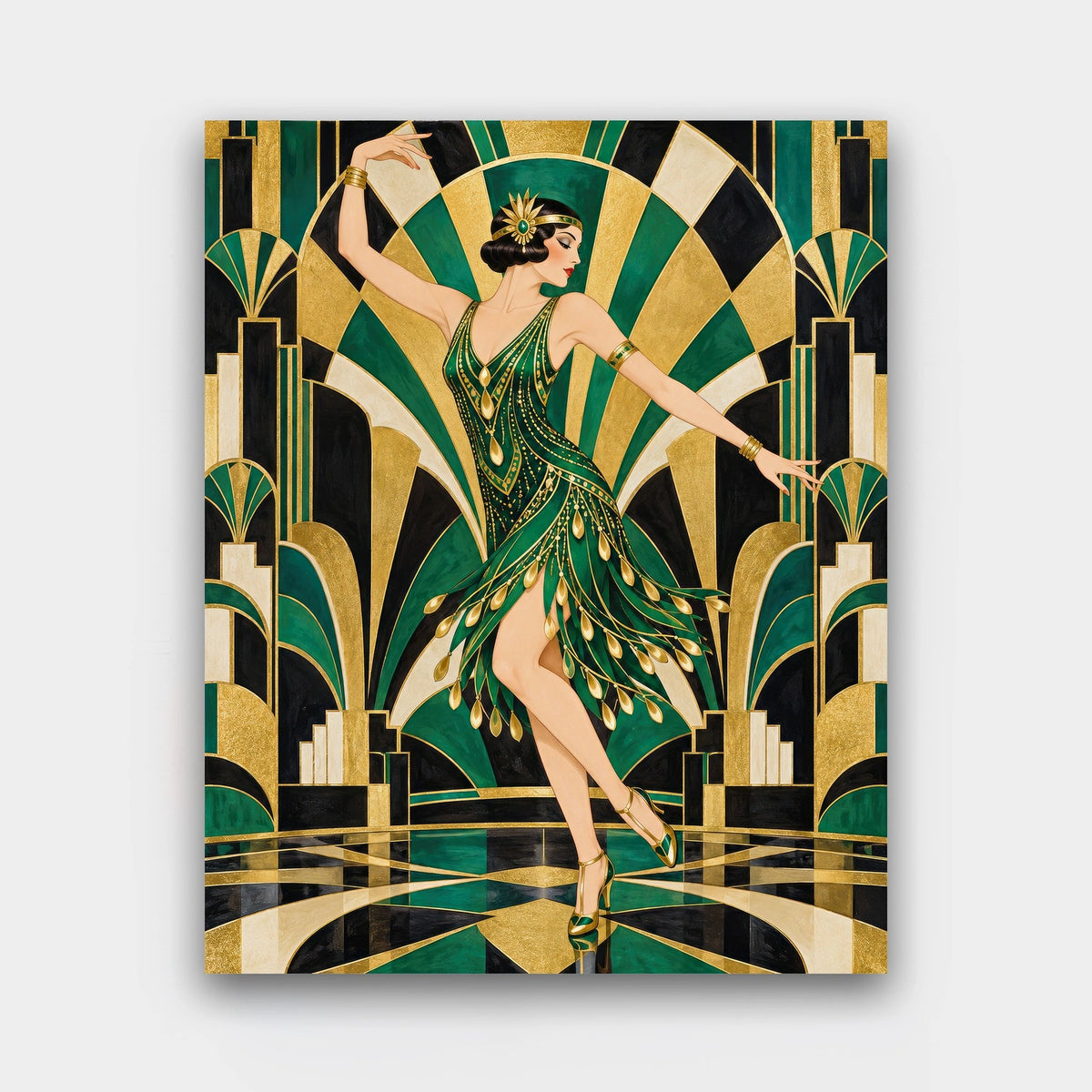 Emerald Jazz Dancer paint by numbers kit of a 1920s dancer in a beaded green dress against a black, gold and emerald fan background